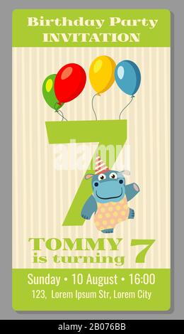 Kids birthday party invitation card with funny hippo vector illustration Stock Vector