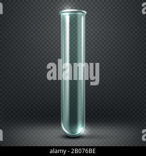 Realistic vector empty glass test tube template isolated on transparent checkered background. Laboratory equipment flask illustration Stock Vector