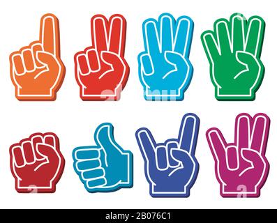 Foam fingers vector set. Gesture victory and souvenir accessory illustration Stock Vector