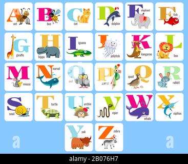 Kids full alphabeth with cartoon animals for education and learning. Vector illustration Stock Vector