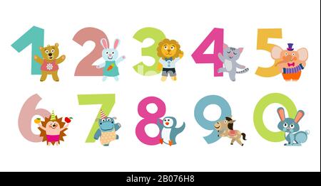 Kids numbers with cartoon animals for education. Vector illustration Stock Vector