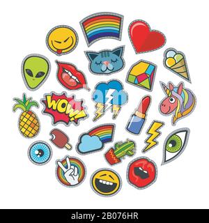 Cute vector patches icons in circle design. Unicorn and alien, pineapple and thunderstorm illustration Stock Vector