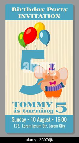 Kids birthday party invitation card with funny elephant. Vector illustration Stock Vector