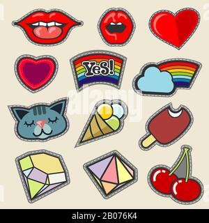 Colorful vector embroidery patches set. Sticker and badge ice cream, cat and diamond illustration Stock Vector