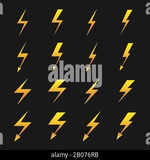 Set of yellow lightnings isolated on black background. Vector illustration Stock Vector