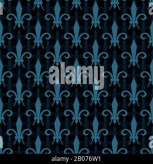 Dark black and blue fleur de lis vector seamless pattern. Elegance style wrapping illustration Stock Vector