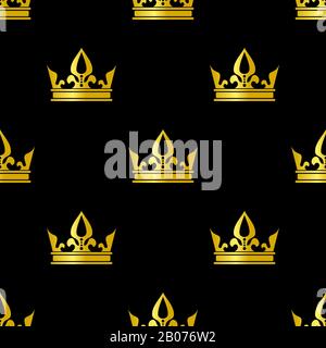 Golden crowns isolated on black background vector seamless pattern illustration Stock Vector