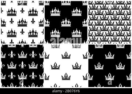Vector crowns seamless patterns set in black and white. Collection of monochrome background illustration Stock Vector