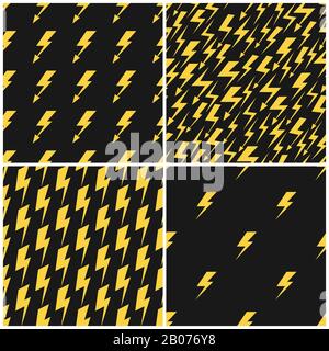 Set of yellow lightnings on black vector seamless patterns illustration Stock Vector