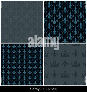 Dark vector crowns and fleur de lis seamless patterns set. Decoration background royal illustration Stock Vector