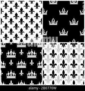 Vector crowns and fleur de lis seamless patterns set in black and white illustration Stock Vector