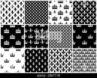 Vector crowns and fleur de lis seamless patterns set in black white. Wallpaper decoration with crown illustration Stock Vector