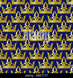 Golden crowns blue vector seamless pattern. Vintage ornate background illustration Stock Vector