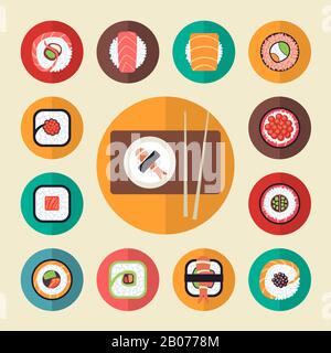 Japanese food sushi icons vector illustration set. Healthy seafood menu Stock Vector