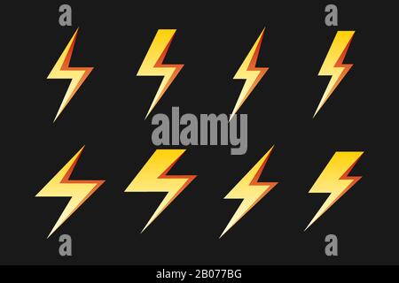 Set of yellow lightnings isolated over black for forecast icon. Vector illustration Stock Vector