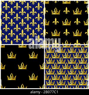 Golden crowns and fleur de lis seamless patterns set. Royal background collection illustration Stock Vector