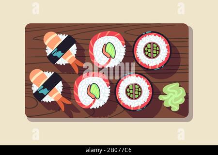 Japanese sushi over a plate vector illustration. Sushi food in restaurant Stock Vector