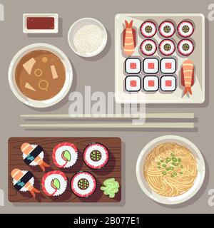 Japanese food vector illustration set. Shrimp and soup dinner on plate Stock Vector
