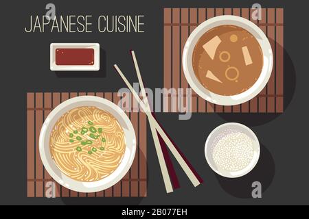 Japanese cuisine vector illustration set. Plate of food in restaurant Stock Vector