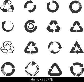 Recycle icons vector set. Triangle and round emblems for conservation and saving illustration Stock Vector