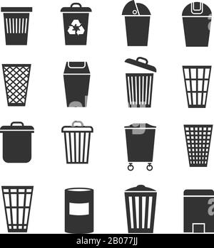 Trash can, waste basket, trash bin, garbage vector icons. Dustbin and container, trashcan bucket illustration Stock Vector