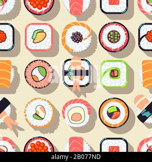 Japanese food sushi vector seamless pattern. Roll with rice background illustration Stock Vector