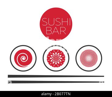 Abstract sushi bar food logo vector template. Asian seafood, roll fresh illustration Stock Vector