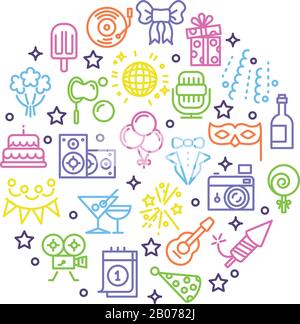 Event, party, entertainment, happy christmas outline vector icons in circle design. Firework to birthday and wedding, confetti and ice cream illustration Stock Vector