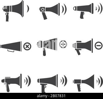 Megaphone and loudspeaker, audio speaker, volume vector icons. Control power sound button illustration Stock Vector