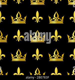 Golden crowns and fleur de lis vector seamless pattern. Queen vintage background illustration Stock Vector