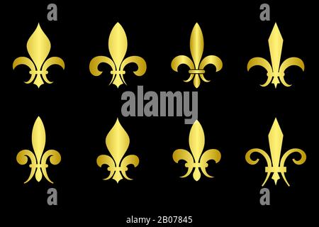 Golden fleur de lis set black background. Gold heraldic emblem illustration Stock Vector