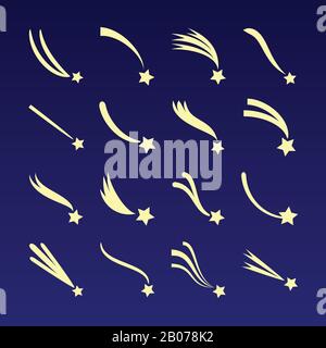 Shooting star, comet silhouettes vector icons isolated on dark blue background. Meteor falling illustration Stock Vector