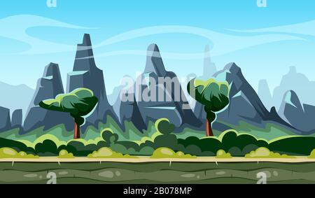 Cartoon nature landscape with trees, mountains, blue sky and clouds. Seamless vector background for smartphone app and computer games. Vector illustration Stock Vector