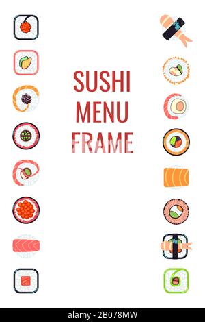 Japanese food sushi menu frame. Seafood of restaurant, vector illustration Stock Vector