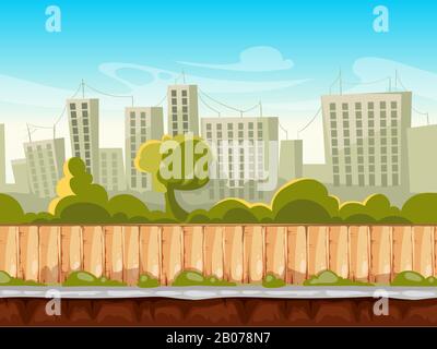 Seamless city landscape, cityscape vector background for smartphone app and computer games. Background town street with home and tree. Vector illustration Stock Vector