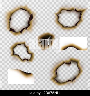 Burnt hole in paper or pergament, scorched paper vector set. Damage edge and destroyed sheet illustration Stock Vector