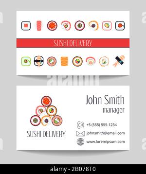 Sushi delivery business card both sides vector template. Design of asian food illustration Stock Vector