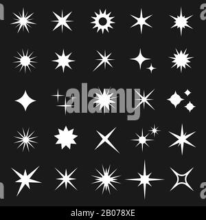 White twinkling vector stars isolated on dark background. Shining glitter star icons set illustration Stock Vector