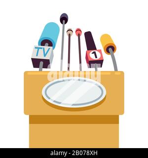 Tribune with microphones for conference and speech to public. Vector illustration Stock Vector