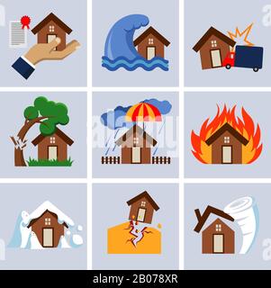 Natural disaster insurance, house insurance business service vector icons. Flood and fallen tree on roof illustration Stock Vector