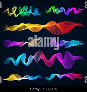 Luminous 3d sound waves, energy effect vector set. Equalizer colored effect illustration Stock Vector