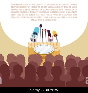 Rostrum, tribune with microphones in spotlight on stage vector illustration. Political conference banner, reportage and briefing Stock Vector