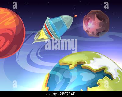 Space vector cartoon comic background with spaceship and planets. Rocket in galaxy, satellite in cosmos illustration Stock Vector
