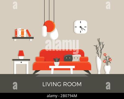 Modern home living room interior with furniture vector illustration. Lamp and sofa in apartment house Stock Vector