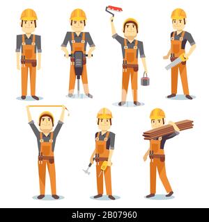 Construction engineering industrial workers working with building tools and equipment vector people character set. Architect and foreman, carpenter and repairman illustration Stock Vector