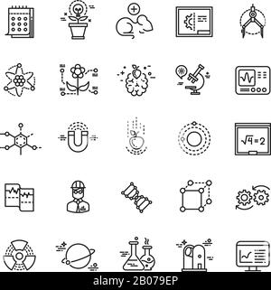 Science lab innovation chemical research thin line vector icons. Experiment in laboratory, chemistry equipment illustration Stock Vector