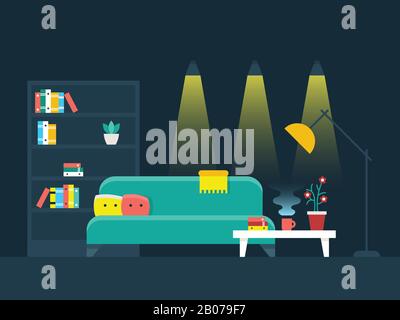 Living room interior flat vector illustration. Bookcase and lighting comfortable apartment Stock Vector