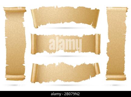 Vertical and horizontal old paper scroll ribbon banners vector set. Piece of papyrus torn strip illustration Stock Vector