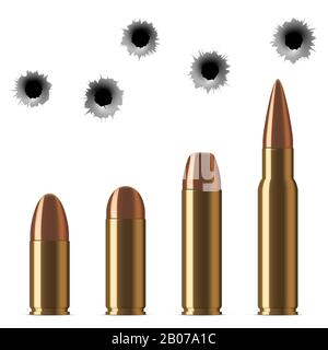 Vector shot gun bullets and bullet holes isolated on white background. Gunshot and caliber of weapon bullets illustration Stock Vector