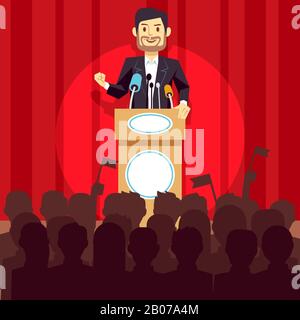 Business leadership vector concept with speaker businessman, politician on the podium. Person speech on conference illustration Stock Vector